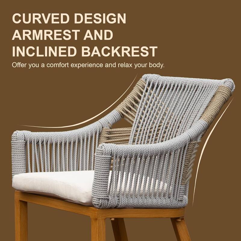 GDFStudio - Sienna Outdoor Aluminum Bar Stools Set with Cushions and Rope Backrest, Square-Back Boho Counter Chairs