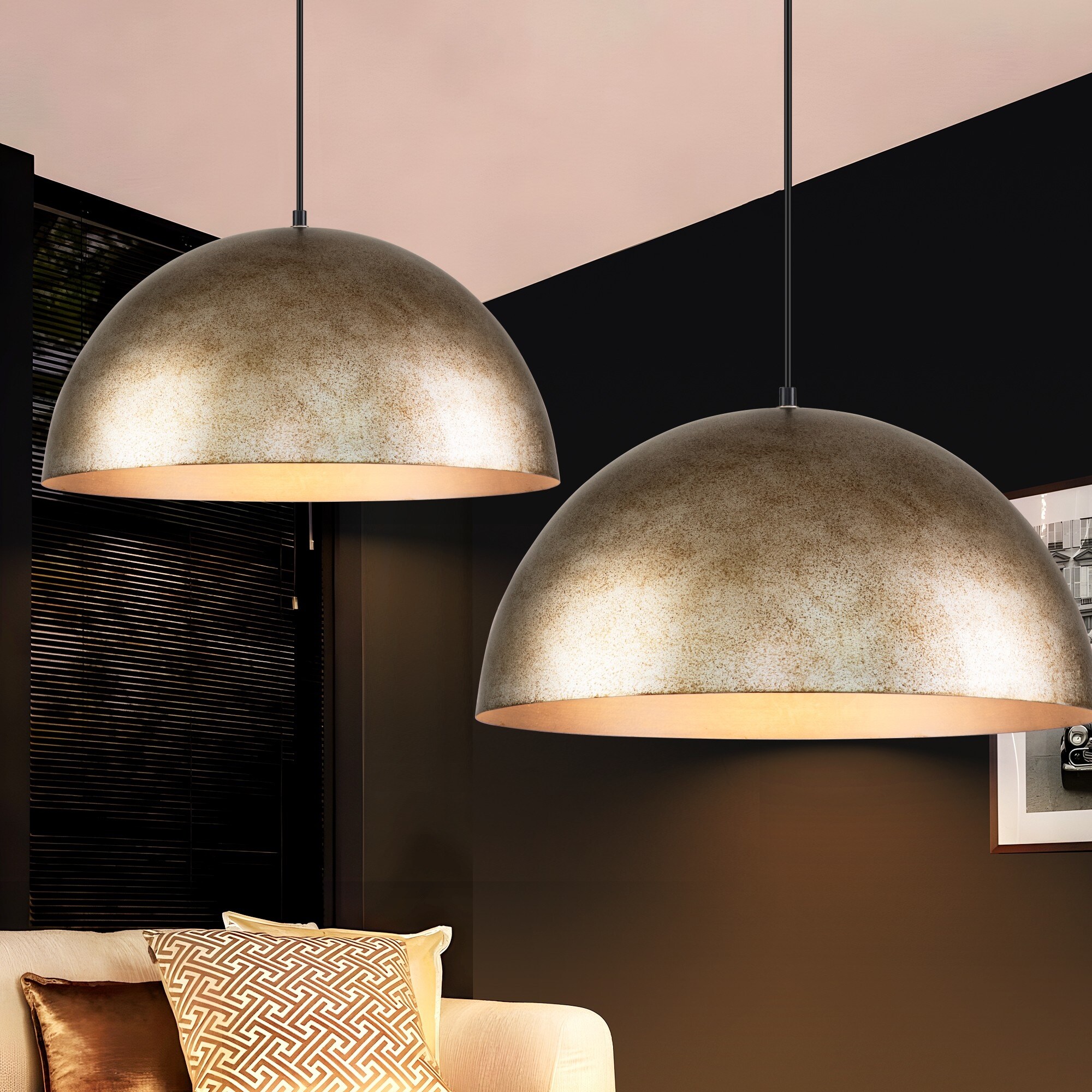1-Light Industrial Distressed Brass with Gold Leaf Bowl Oversized Dome  Pendant Light/ Gold Kitchen Island Lighting