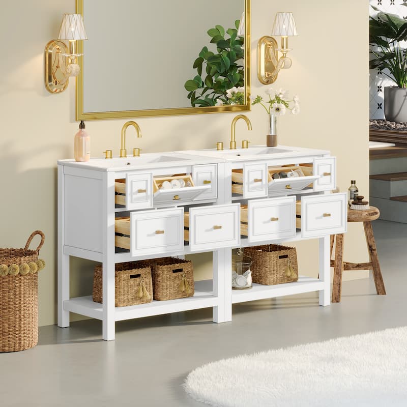 60'' Bathroom Vanity With Ceramic Sink Combo, Free Standing Single Vanity Set With 5 Drawers,Solid Wood FrameStorage Cabinet