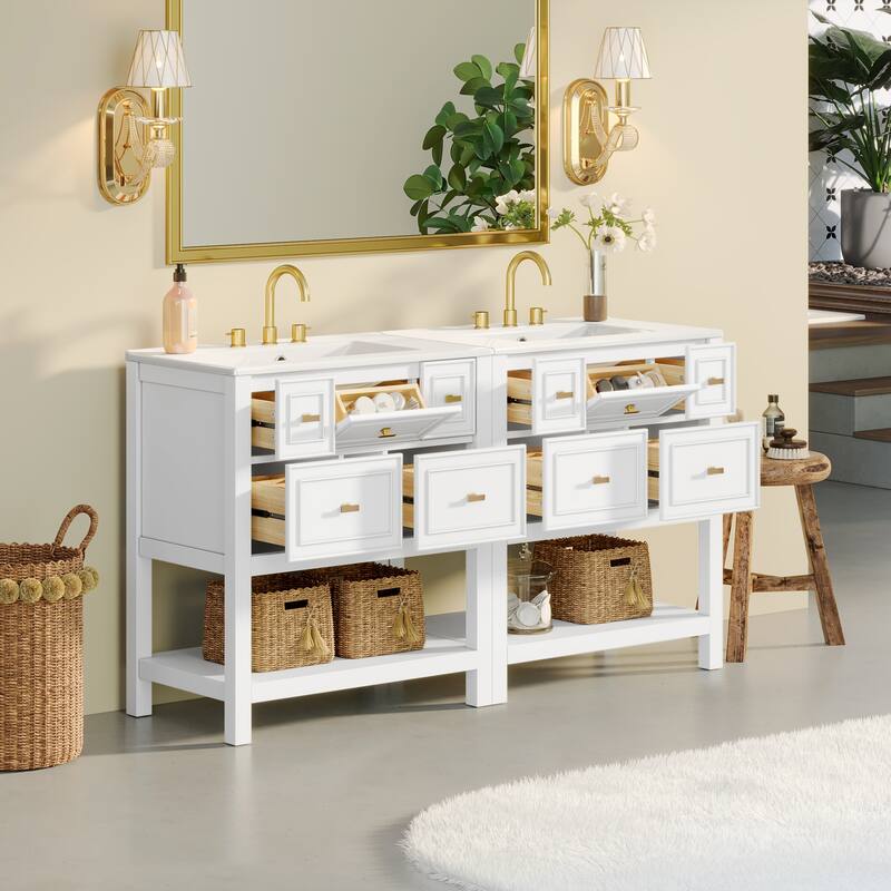 Roomfitters 60" Freestanding Bathroom Vanity with Ceramic Sink, Solid Wood Cabinet with Drawers & Open Storage Shelf