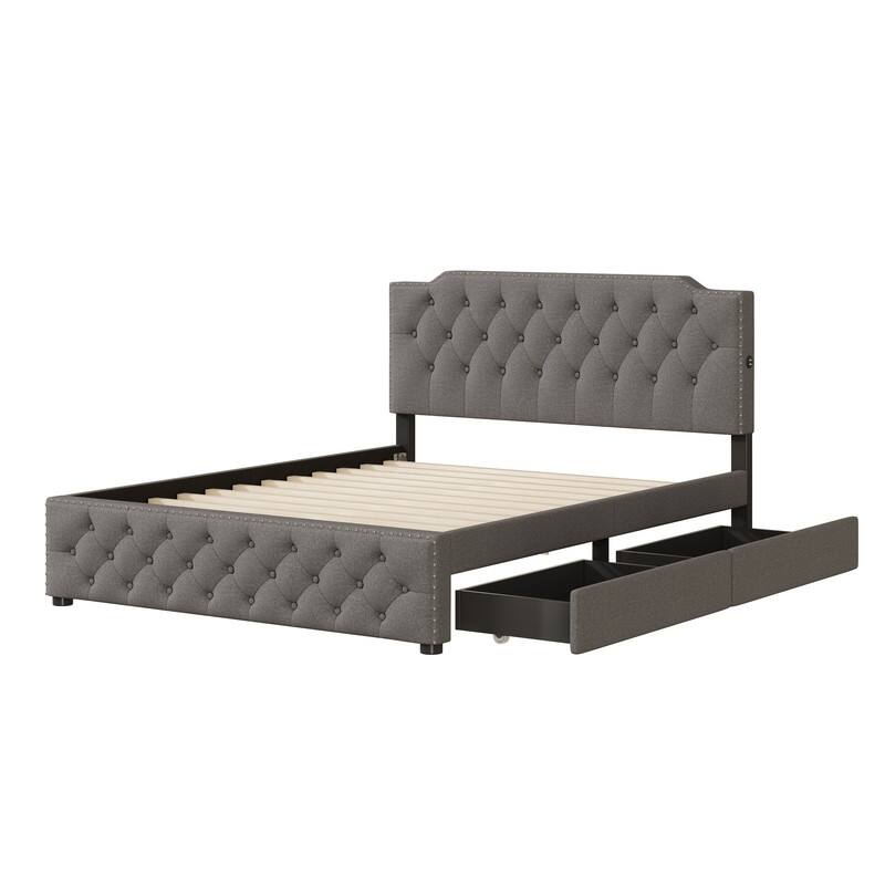 Queen Size Upholstered Platform Bed with 2 Drawers and 2 sets of USB Ports on each side, Linen Fabric