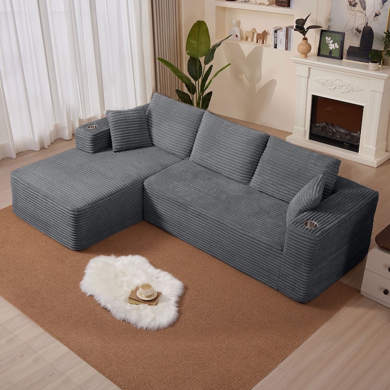 102.76" Corduroy Cloudy L Shaped Sofa with Chaise and Pillows