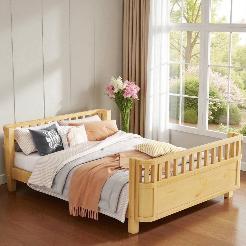 Wood Twin/Full Size Platform Bed with Safety Rails, Low Profile Kids Bed Frame for Girls and Boys - Natural - Full