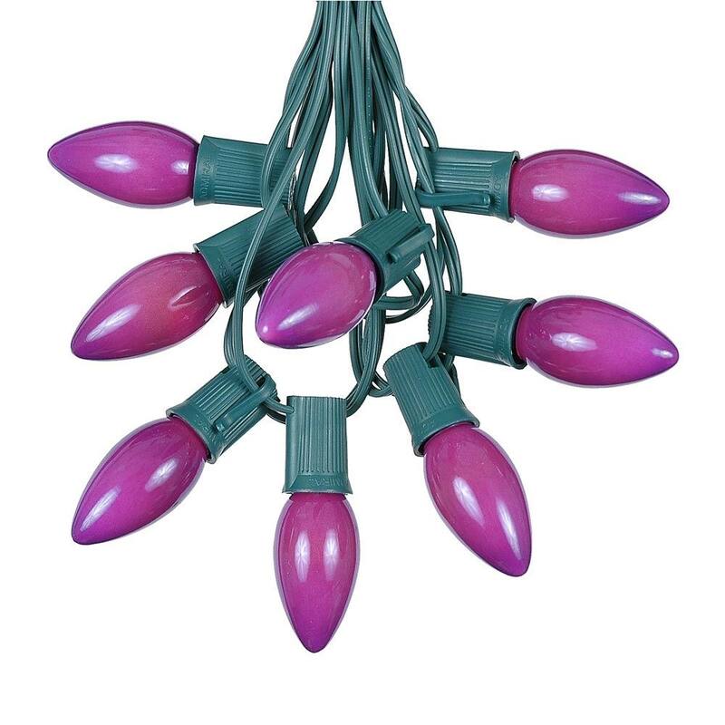 25 Foot C9 Ceramic Christmas Light Set, Hanging String Lights, Green Wire - Purple