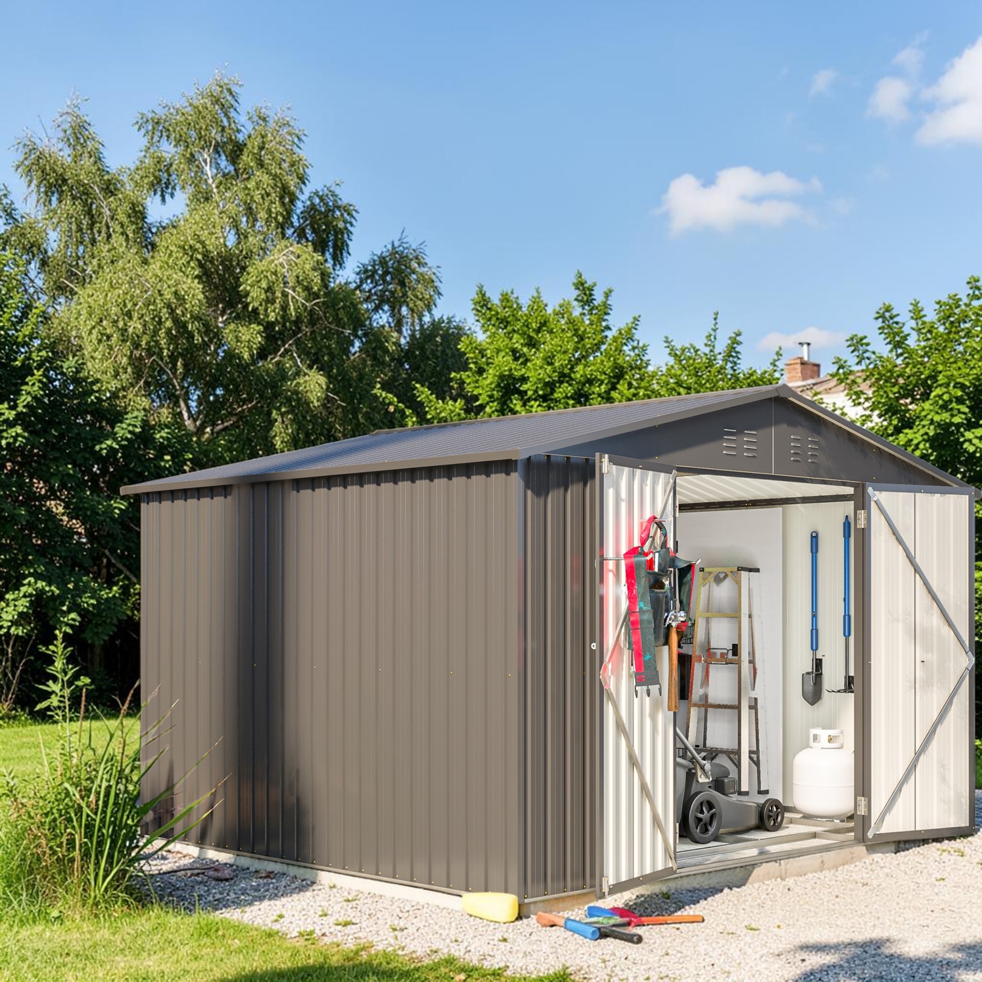 10x8 FT Metal Storage Shed with Lockable Doors, All Weather Outdoor Garden Tool Shed for Backyard Patio