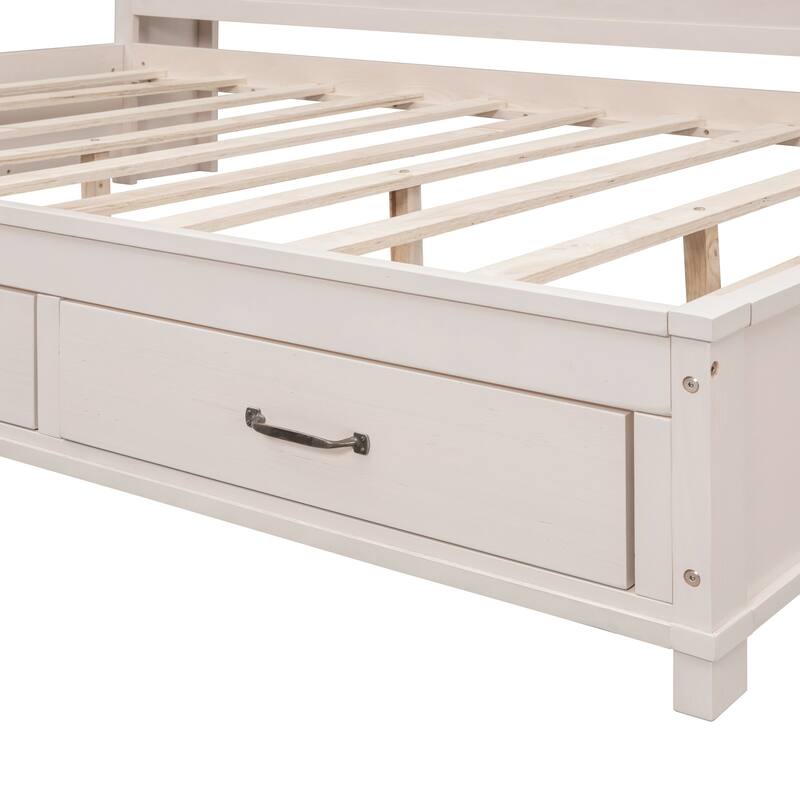 Full Size Platform Bed Wood Daybed with Storage Shelves, Drawers, Upper Soft Board, Charging Station and Slats Support