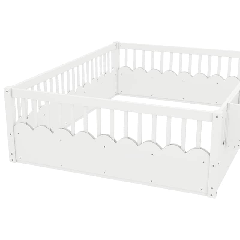 Montessori Floor Bed Kids Bed Frame with Heightened Fence and Bookshelf, Wavy Decoration Wood Platform Bed, No Slats Design