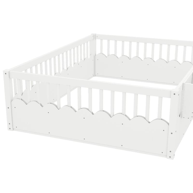 Queen/Full/Twin Floor Bed with Fence and Bookshelf, Wood Kids Floor Bed