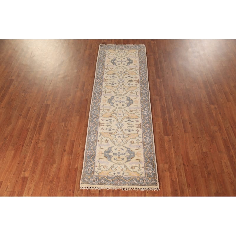 Earth Tone Oushak Oriental Runner Rug Handmade Beige Wool Carpet - 2'7" x 8'1"