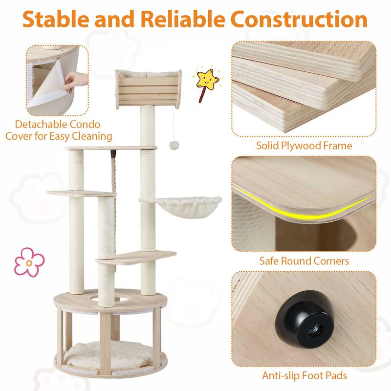 Gymax 55.5'' Tall Wooden Cat Tree for Indoor Cats w/Condo Curved Perch