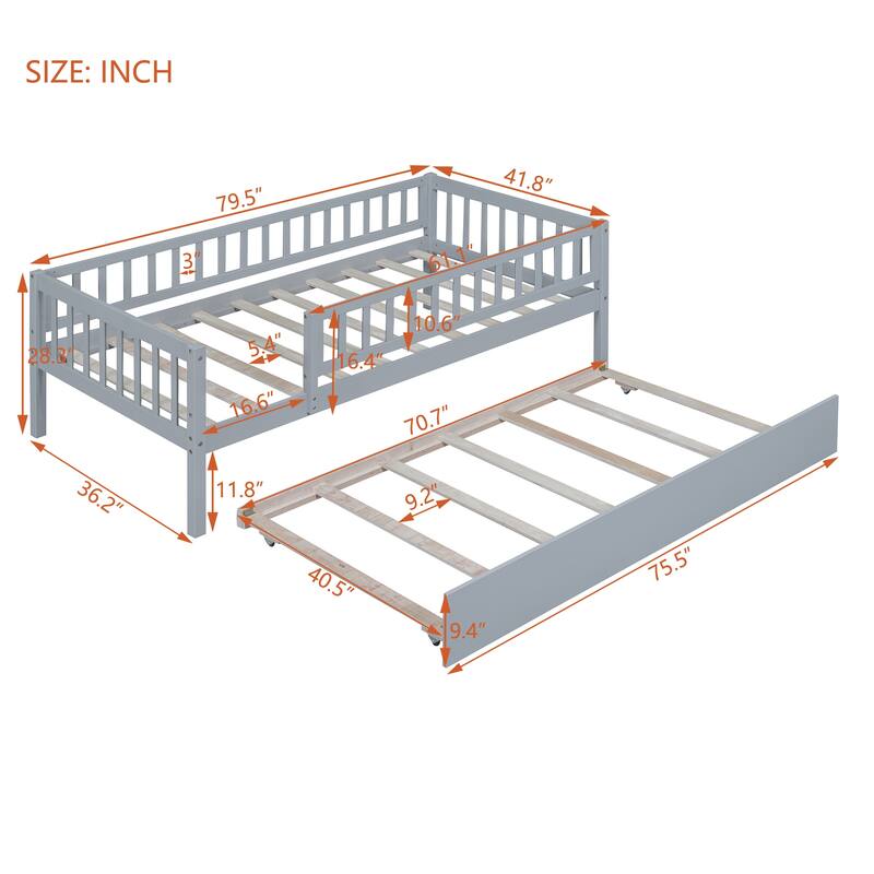 Twin Size Wood Daybed with Pull-Out Trundle and Safety Guardrails in Gray