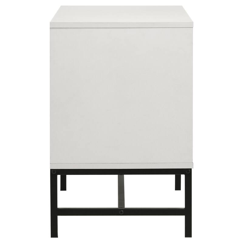 White 2-Drawer Nightstand with Black Base, Bar Pulls and Wide Top for Sleek Minimalist Contemporary Bedside