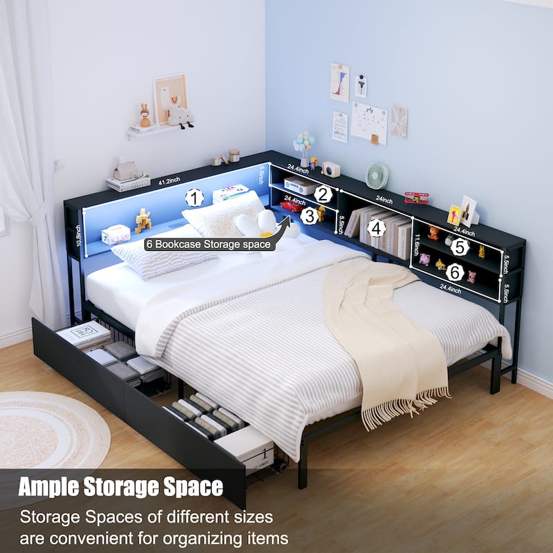 Kids Corner Bed with Storage, Twin/Full Daybed with Drawers, Bookcase Headboard with Charging Station & LED Lights