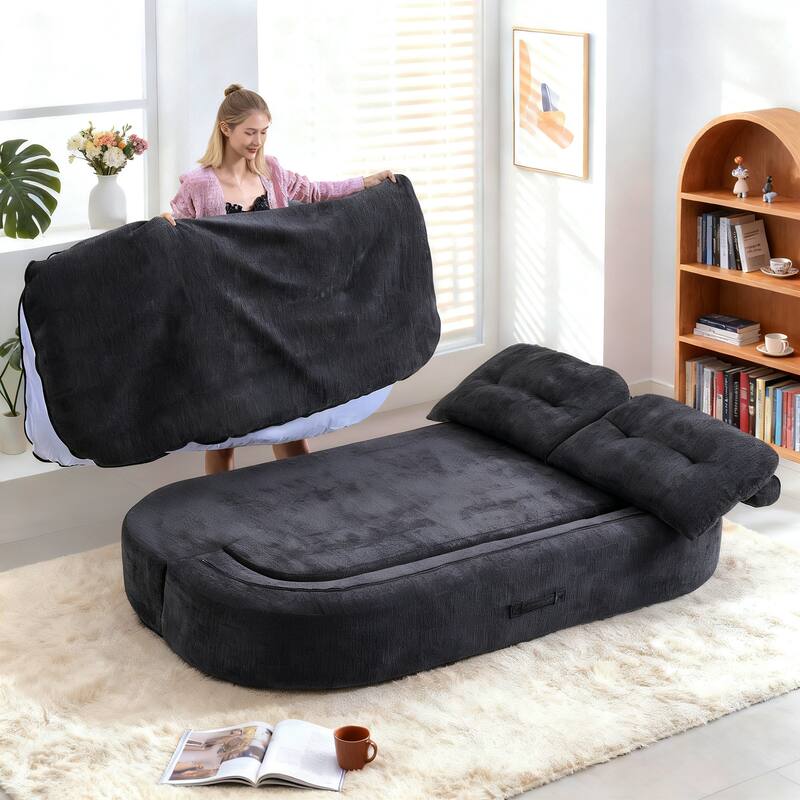 Modern Convertible Floor Sofa Bed with Corduroy Cushion, 2 Pillows & No Assembly