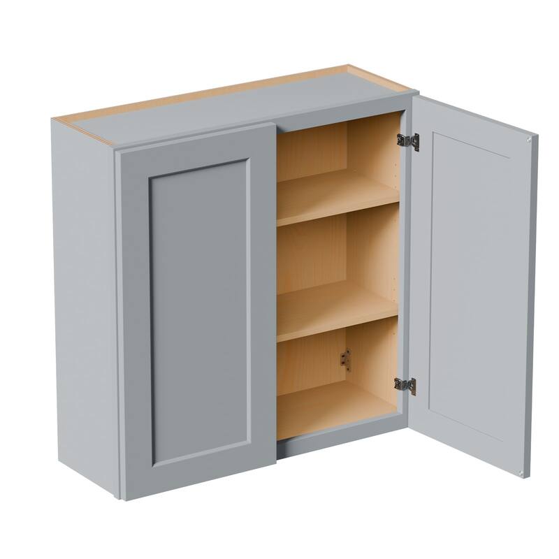 Gray Shaker Solid Wood Wall Cabinet with Soft-Close Doors, Adjustable Shelves, 36" Double Door Storage for Kitchen
