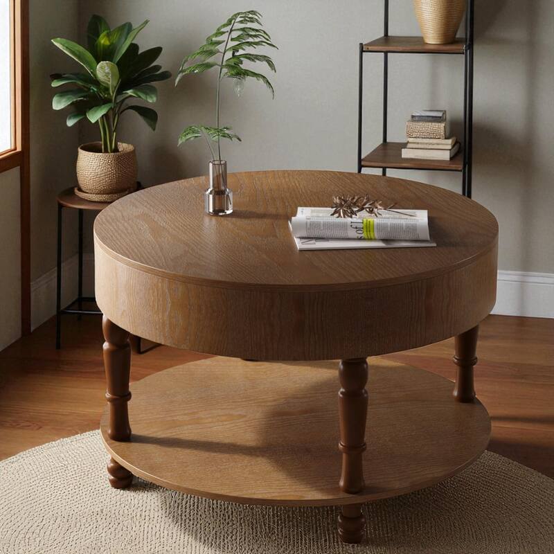 31.5" Round Coffee Table with Dual Storage, Modern 2-Tier Wood Accent Table with Hidden Compartment & Adjustable Feet - Walnut