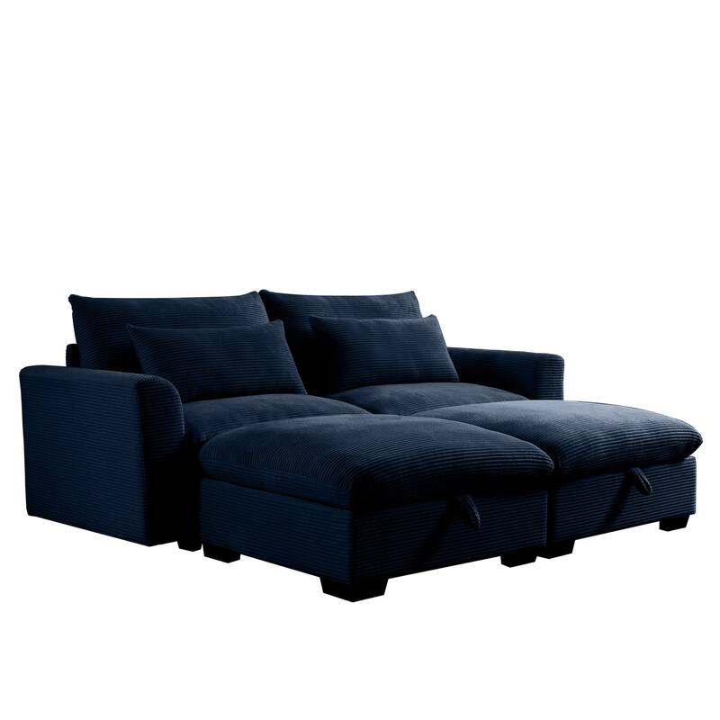 Corduroy Loveseat Sofa Couch with Storage Ottomans, Modern Sectional 2 Seater Sofa with Deep Seat, Pillows for Small Spaces