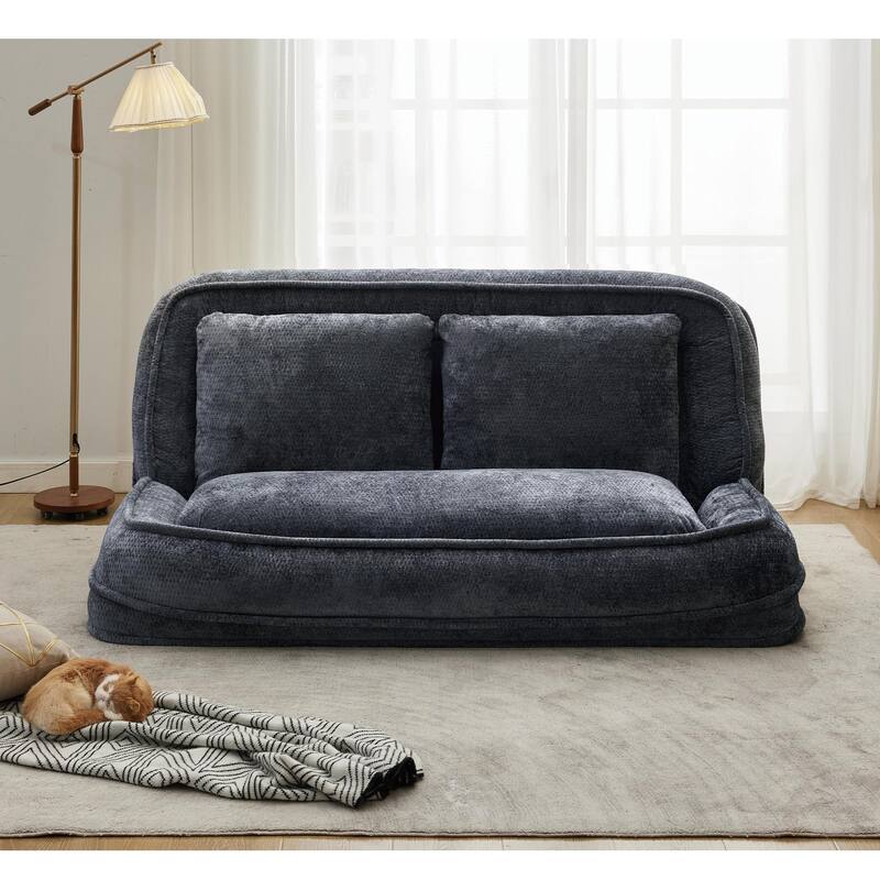 Pet Friendly Lazy Loveseat Sofa 2-in-1 Chenille Floor Couch Double Human Sleeper Bed with 5 Adjustable Position, Plump Pillows