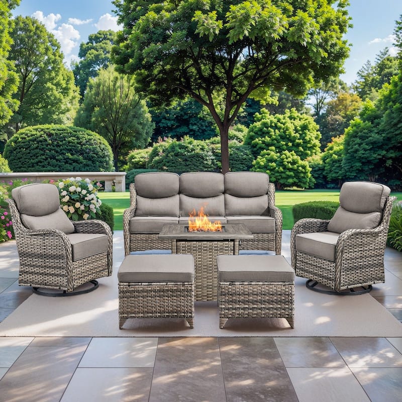 Pocassy 6 Pieces Outdoor 6" Sofa Swivel Chair Ottoman with Fire Pit Table - Gray Wicker - Gray cushion