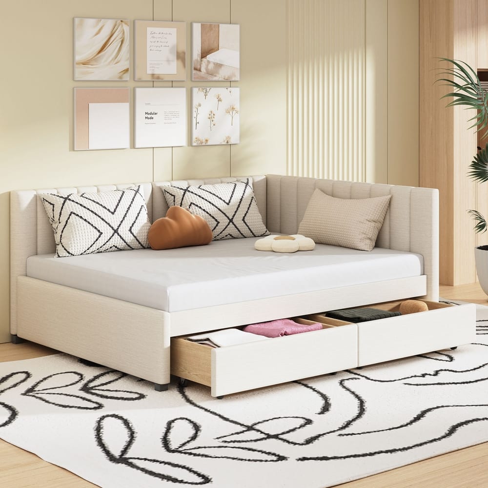 Full Size Daybed Linen Upholstered Bed with 2 Storage Drawers