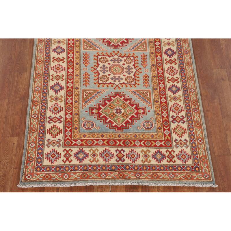 Geometric Kazak Accent Rug Handmade Blue Wool Carpet - 3'5" x 4'10"