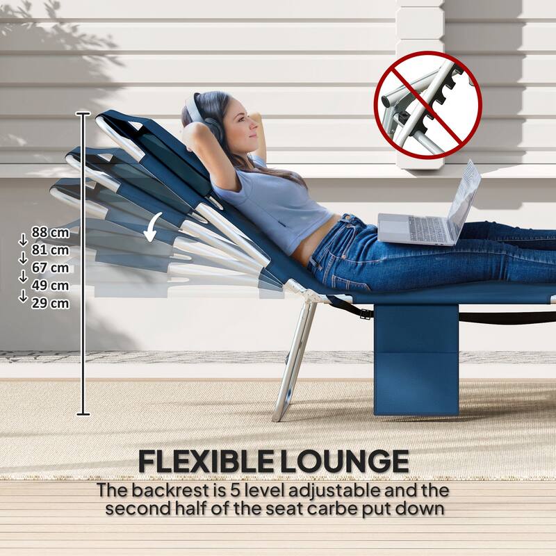 Adjustable Folding Lounge Chair with Face Cavity Arm Slots Pillow and Side Pocket Portable Oxford Fabric Recliner