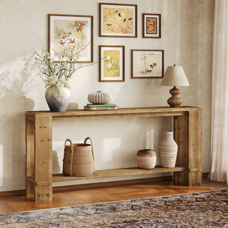 71'' Extra Long Solid Sood Console Table with Shelf for Entryway Living Room - Natural Brown
