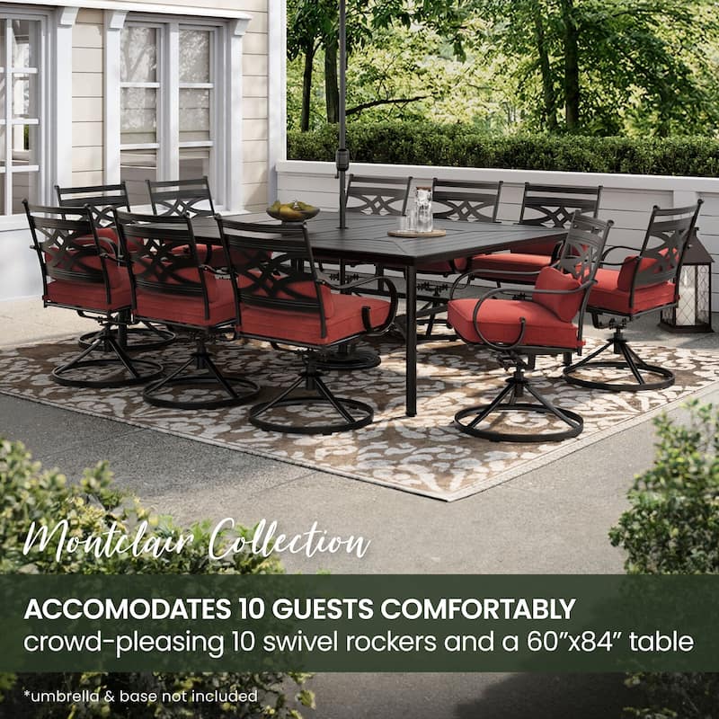 Hanover Montclair 11-Piece Dining Set in Chili Red with 10 Swivel Rockers and a 60-In. x 84-In. Table