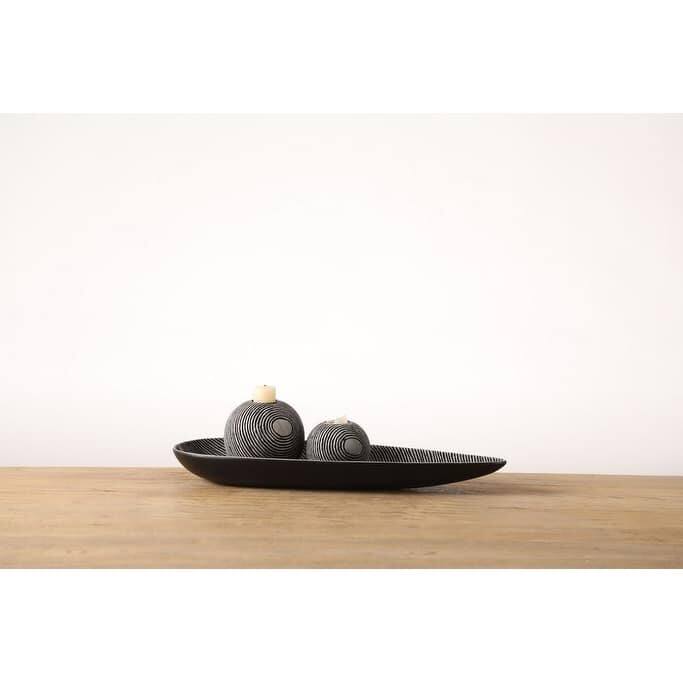 Black 3pc Sunburst Textured Polyresin Candle Holder and Tray Set