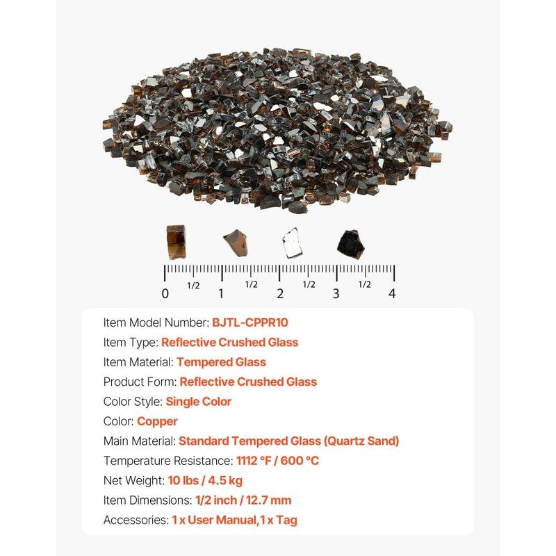 Copper Tempered Crushed Glass Fire Pit Glass Rocks 10 lbs Heat Resistant - 1/2 inch