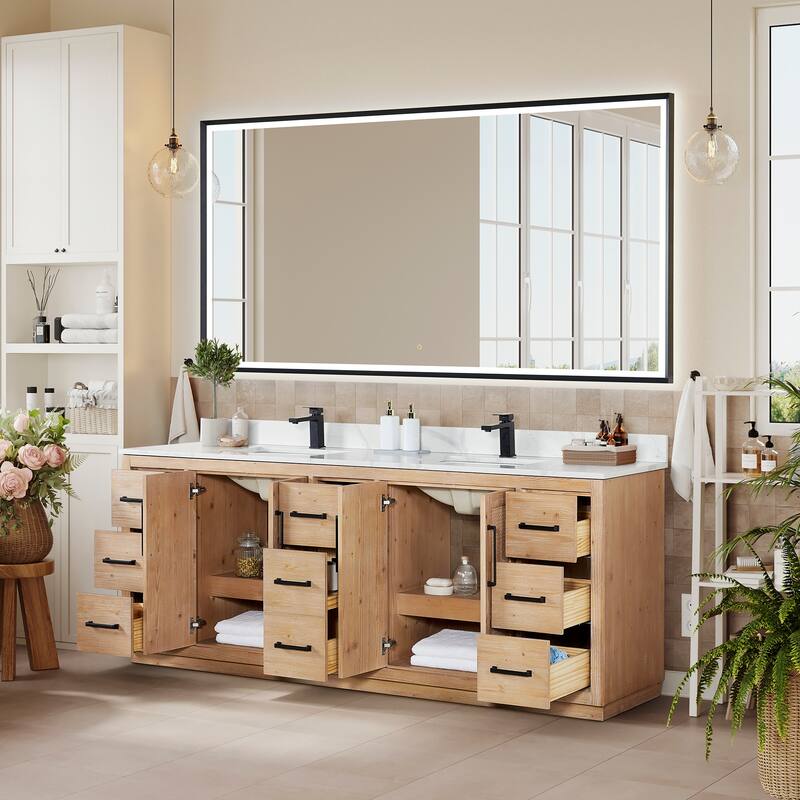 Floral Single Bathroom Vanity in Light Brown with Calacatta White Quartz Countertop with Mirror