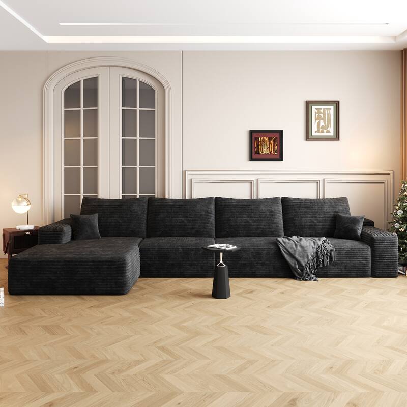Large Sleeper Sectional Couch L-Shape Floor Modular Recliner Sofa Corduroy Upholstered Chaise Lounge with Ottoman for Livingroom - Black - Left Facing