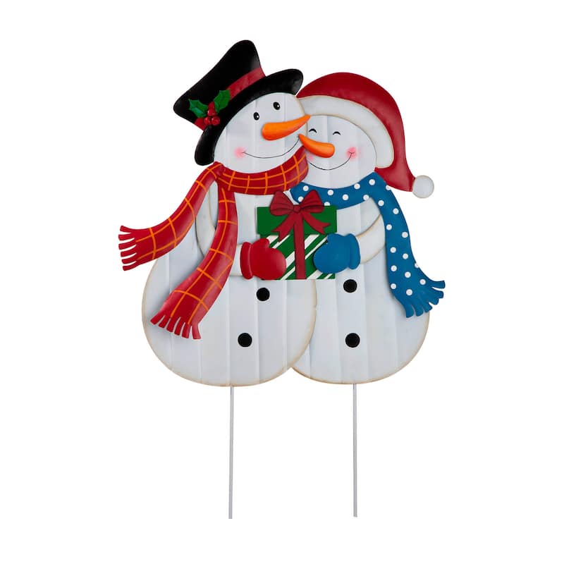 Glitzhome Christmas Metal JOY & NOEL Ornament Snowman Yard Stakes Hanging Decor - 42"H