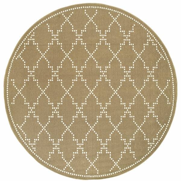 8' Round Tan Round Geometric Stain Resistant Indoor Outdoor Area Rug ...