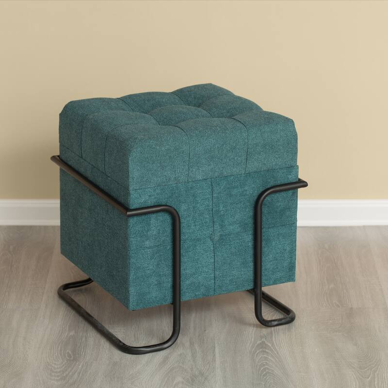 Square Fabric Storage Ottoman with Black Metal Frame