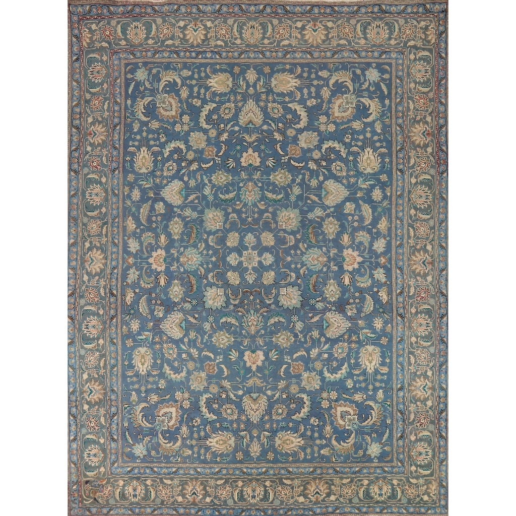 Distressed Blue Floral Tabriz Persian Area Rug Handmade Wool Carpet - 9'1"x 12'4"