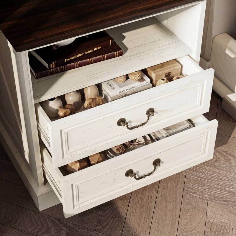 Farmhouse Nightstand with 2 Drawers, Open Shelf & Power Port, Rustic Bedside Table, Antique Brass Handles, White/Grey