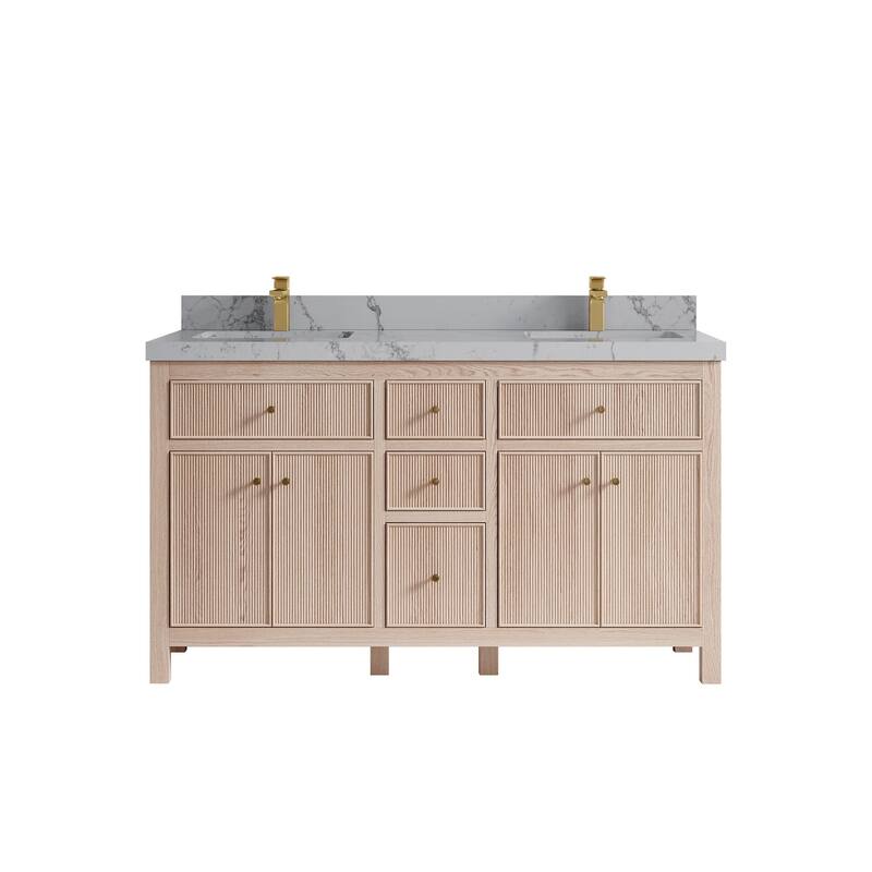 Willow Collections 60 x 22 Sonoma White Oak Wood Double Sink Bathroom Vanity with Quartz or Marble Countertop - 2"Venatino Quartz - White Oak