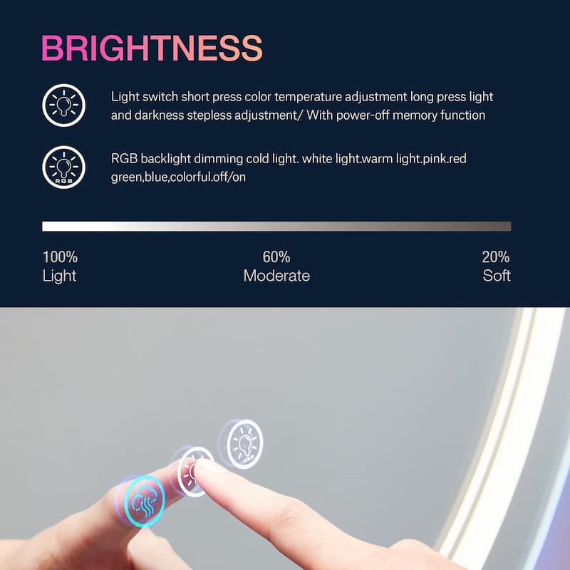 KIOTEE Super Bright LED Frontlit & RGB Backlit Anti-Fog Tempered Glass Bathroom Vanity Mirror with ETL and 3-Year Warranty