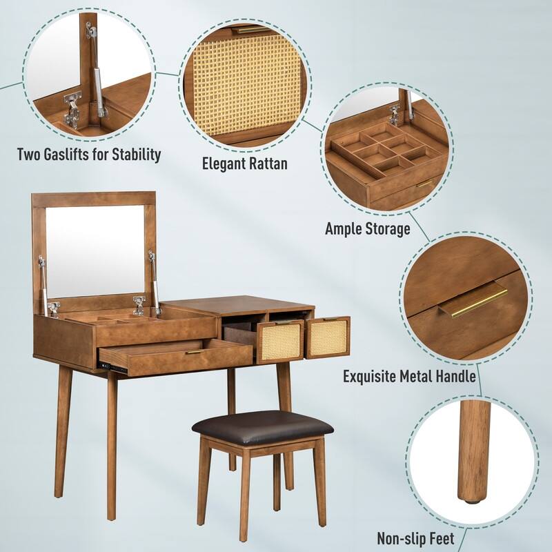 43.3" Classic Wood Makeup Vanity Set with Hidden Mirror, 3 Drawers & Upholstered Stool