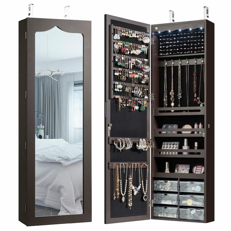 Gymax Wall Door Mounted Jewelry Cabinet Organizer LED Mirror Brown - Brown