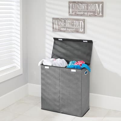 mDesign Divided Laundry Hamper Basket with Lid, Chrome Handles - 12 X 24