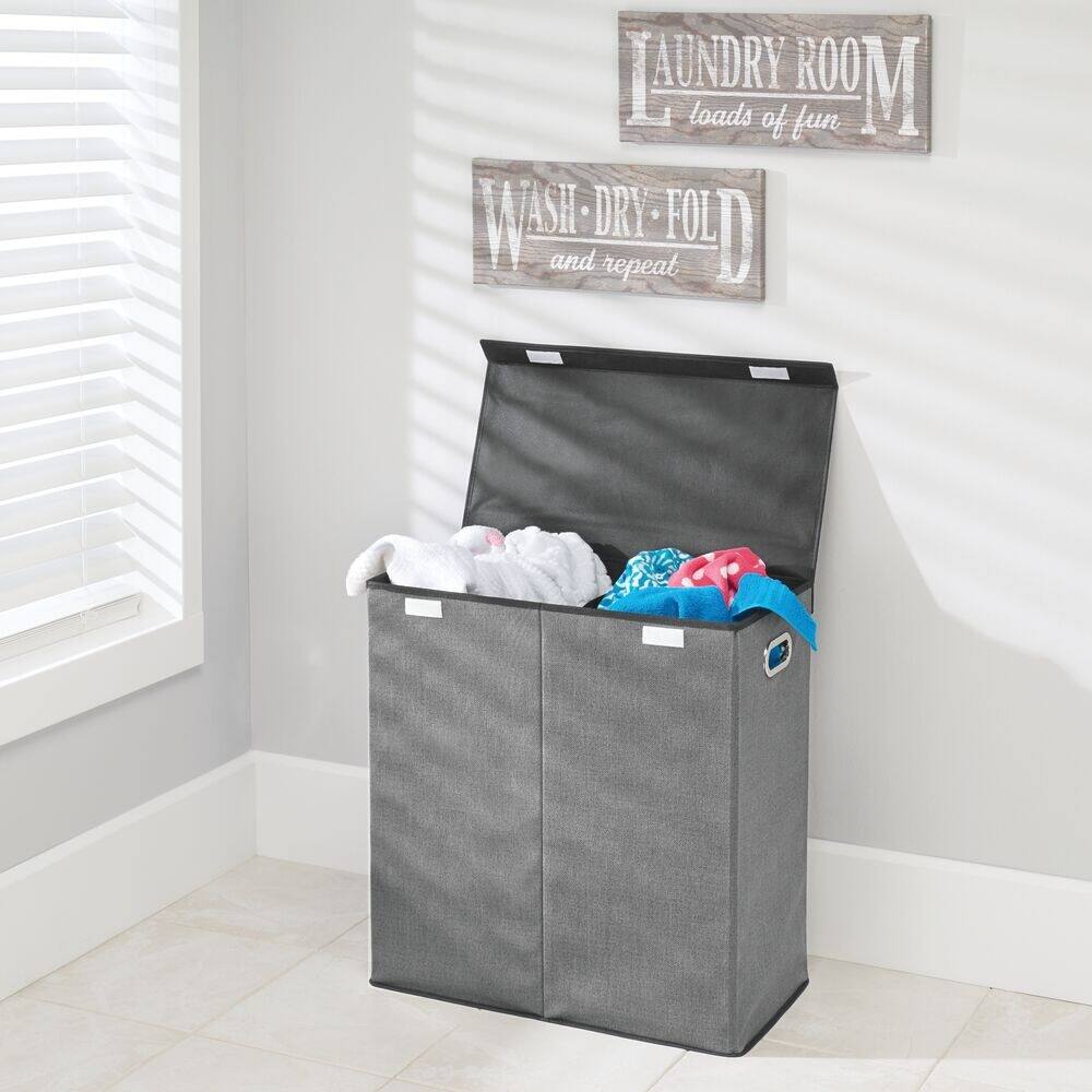 mDesign Divided Laundry Hamper Basket with Lid, Chrome Handles - 12 X 24