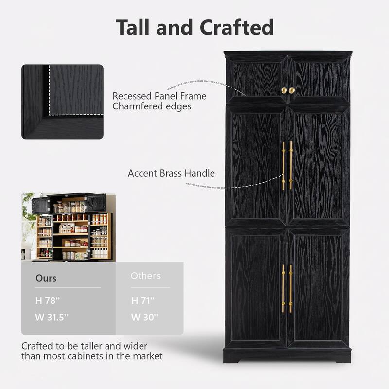 78.2" Farmhouse Kitchen Pantry Cabinet with 8 Door Shelves, Adjustable Shelves, Hidden Drawer and Wine Rack Storage