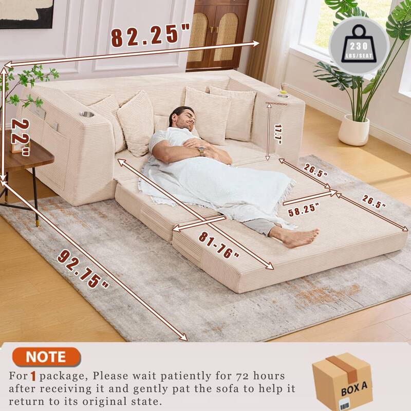 Modern Convertible Loveseat Sofa Bed, Corduroy Fabric Foldable Floor Couch w/5 Pillows, Side Pockets & Cup Holders, No Assembly