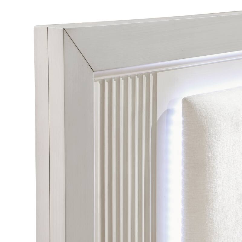 Queen Bed with LED Headboard and Upholstered Cushion, Reeded Fronts, Modern Bedroom Furniture - Antique White Finish