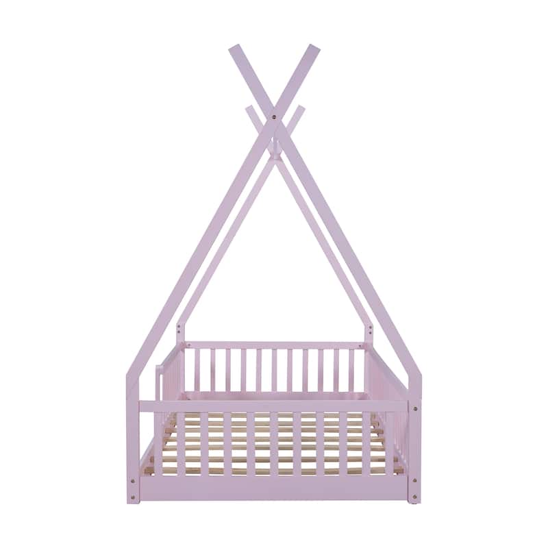 Twin Size Floor Bed, Platform Bed Frame with Fence and Roof, Solid Wood Playhouse Bedframe w/Open Door, No Box Spring Needed