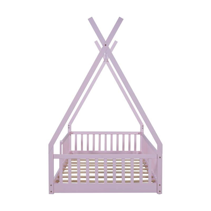 Twin Size Wood House Bed with Fence Floor Bed, Pink