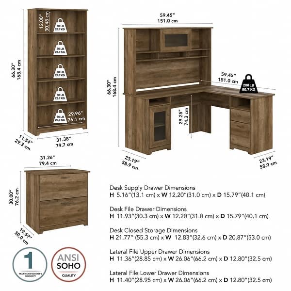 dimension image slide 6 of 12, Cabot 60W L-Desk with Hutch, Cabinet and Bookcase by Bush Furniture