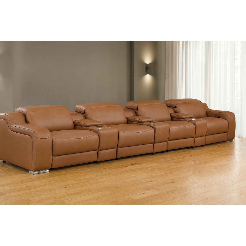 HomeRoots 169" Chestnut Italian Leather Reclining USB Sofa